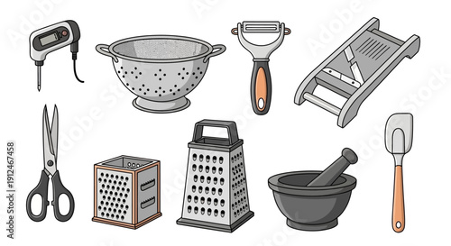 Collection of various kitchen utensils and tools for cooking