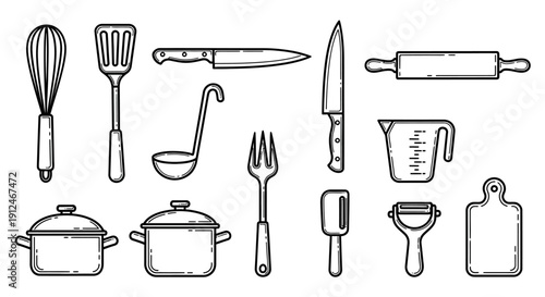 Collection of kitchen utensils and cooking tools in a line art style.