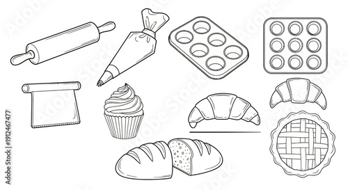 Hand drawn collection of baking tools and pastries