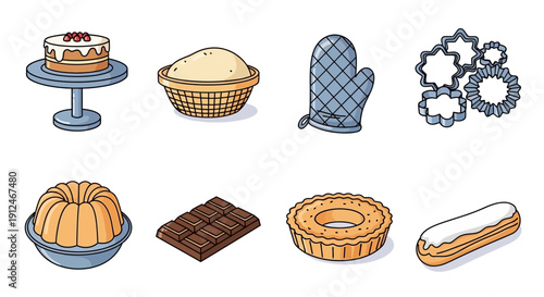 Collection of baking ingredients, tools and sweet treats.