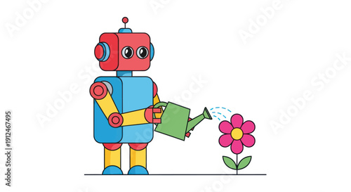 A cute robot waters a pink flower with a watering can.