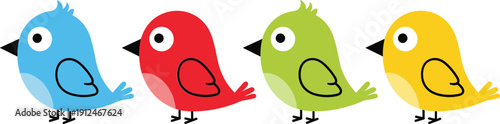 Cute colorful bird vector set with simple cartoon birds in blue red green and yellow