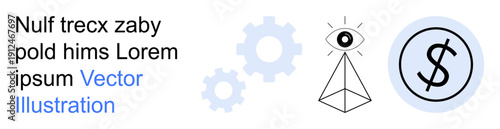 Technology innovation, business strategy, financial analysis, process optimization, vision, currency. Gears, an eye-pyramid symbol and a dollar icon are featured. Technology innovation and business
