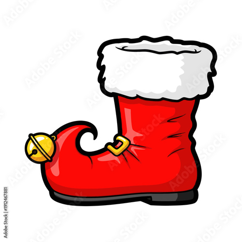 A red elf shoe with a jingle bell and fur trim, isolated on white.