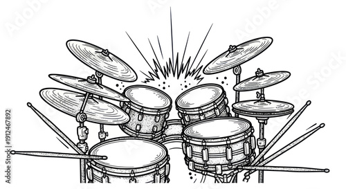 A drum kit with drumsticks and sound waves.