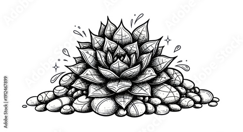 Hand-drawn succulent plant on a bed of pebbles.