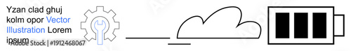 Renewable energy, innovation, technology flow, green energy storage, cloud computing, energy solutions. Simple gear connecting to a cloud with battery charging icon. Renewable energy and innovation