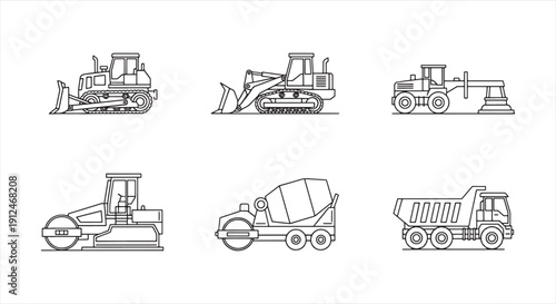 Construction Vehicle Icon Set – Heavy Machinery Line Vector for Engineering and Infrastructure Work