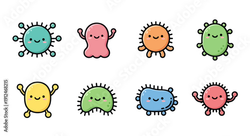 Tableau sur toile Set of cute cartoon viruses and germs with happy faces.