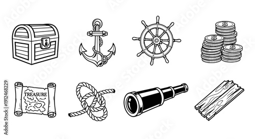 Collection of nautical adventure icons and treasure map