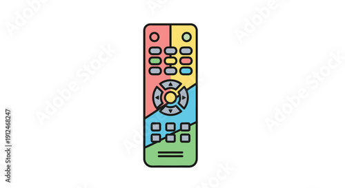 Colorful television remote control on white background.