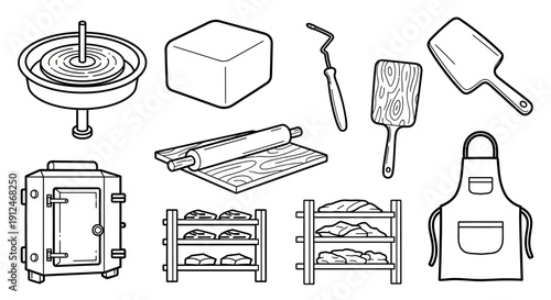 A collection of artistic and baking tools, line art.