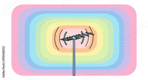 Television antenna broadcasting radio waves through a rainbow gradient.