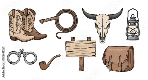 Wild West themed objects collage with cowboy boots, lasso, bull skull, and lantern.