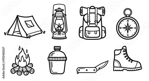 Collection of camping and outdoor adventure icons.