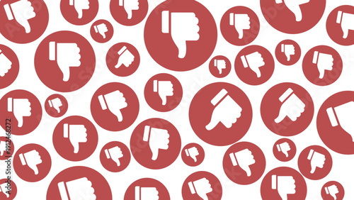 Negative Feedback and Dislike Social Media Icon Pattern: Seamless Vector Illustration of White Thumbs Down Hand Symbols on Red Circles over White Background for Rejection and Dissatisfaction Concept