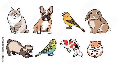 A collection of cute domestic animals on a white background.