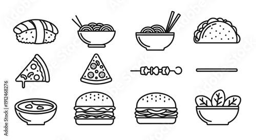 Set of simple line icons of various food items.