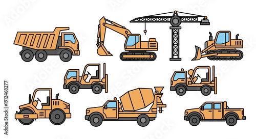 Collection of yellow construction vehicles and industrial machinery.