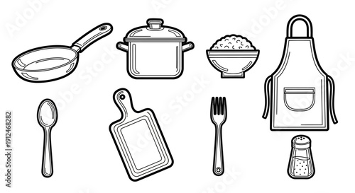 Collection of kitchen utensils and cooking items, flat design.