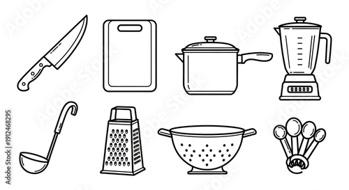 Set of kitchen utensils in simple line art style