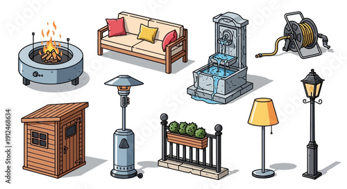 Cartoon style outdoor living and garden accessories set on white background.
