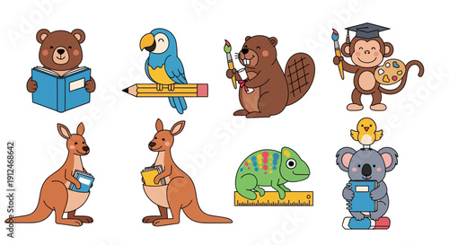 A cheerful collection of cute cartoon animals engaged in various educational activities