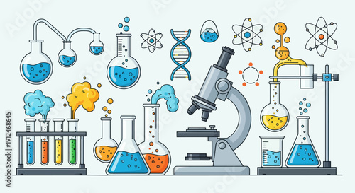 Colorful scientific laboratory equipment and experiments flat vector illustration