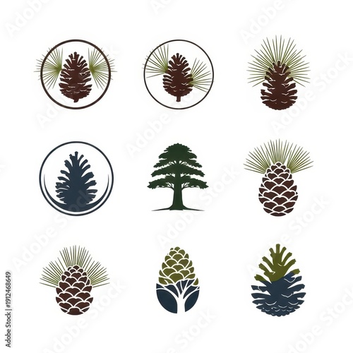 Collection of pine cone and tree vector illustrations.