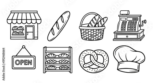 Bakery shop and bread product line art icon set