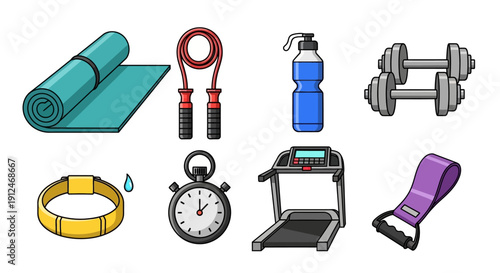 Collection of fitness equipment and workout gear for a healthy lifestyle.