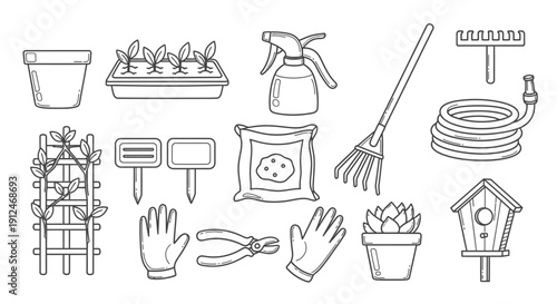 Line Art Gardening Tools and Home Plant Care Icons Set