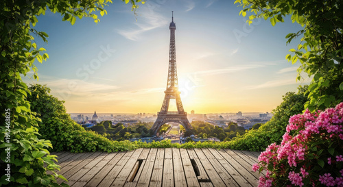 Golden hour glow over the eiffel tower with a scenic park pathway