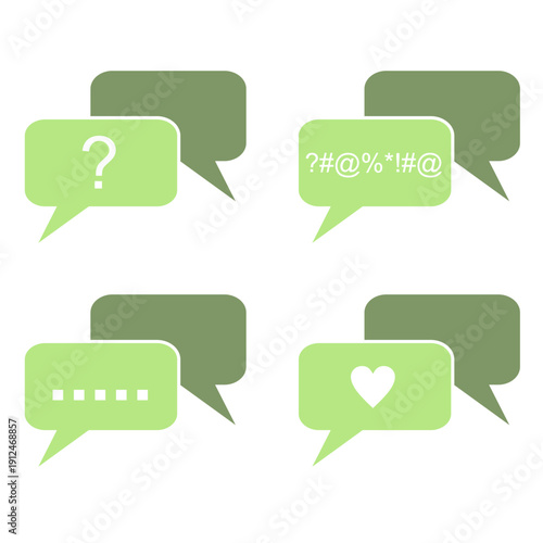 Set of Speech Bubbles with Emoticons and Symbols for Communication Concept: Question Mark, Heart Shape, Cursing Profanity Grawlix, and Silent Dots for Social Media Messaging and Chat Interface