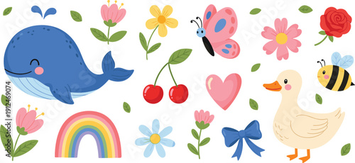 Cute colorful elements collection whale duck rainbow flowers cartoon vector illustration set isolated background