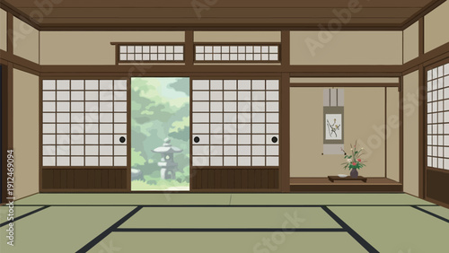 A serene Japanese-style room with sliding doors and a traditional garden view