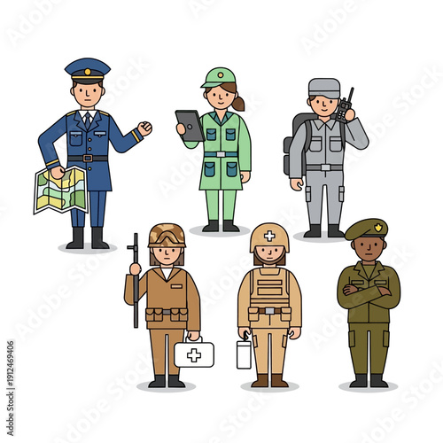 Diverse Military and Service Personnel Group: Soldiers, Medic, Officer, Navigator