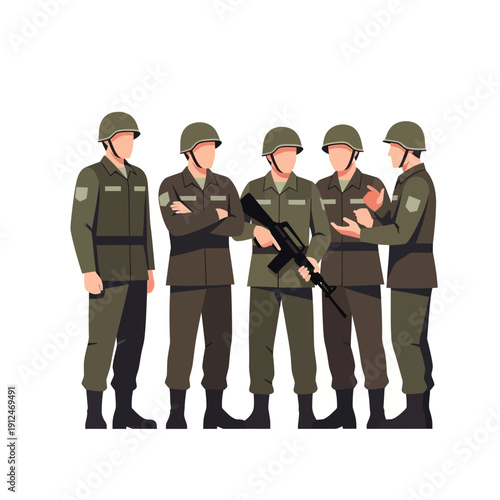 Five soldiers in uniform standing together, one holding a rifle, discussing strategy.