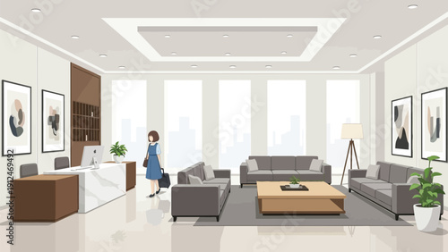 A woman walks into a modern office lobby with a reception desk and comfortable seating area