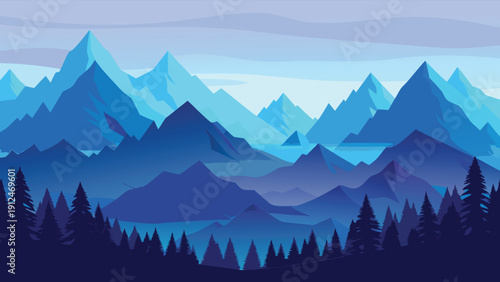 A stylized digital illustration depicts a serene mountain range in varying shades of blue and purple high-quality professional detailed modern