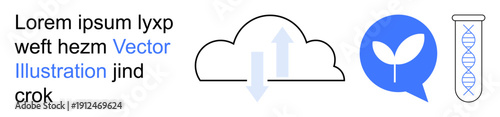 Environmental science, renewable energy, cloud technology, biotechnology, sustainability, eco-innovation. Cloud with data arrows, DNA test tube leaf in speech bubble. Environmental science