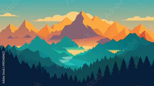A vibrant landscape depicts stylized mountains a serene lake and dark evergreen forests under a colorful sky high-quality professional detailed