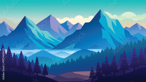 A stylized digital illustration depicts a serene mountain landscape with a tranquil lake and coniferous trees high-quality professional detailed modern