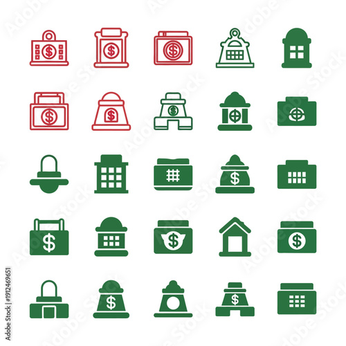 Green and red of bank safe deposit boxes and money