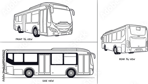 City bus technical line drawing set, front rear and side view public transport vehicle vector illustration isolated on white background