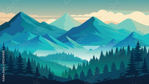 A stylized landscape depicts a range of blue and green mountains fading into a misty valley with silhouetted trees high-quality
