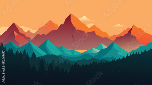 A stylized landscape depicts layers of angular mountains in shades of teal red and orange under a sunset high-quality professional