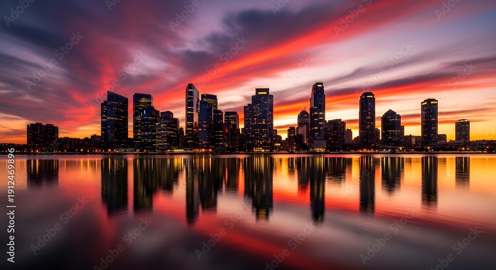 Fototapeta premium Modern City Skyline with Dramatic Sunset Sky and Reflection on Water