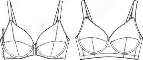 Womens t-shirt bra technical sketch set with front and back views, lingerie fashion design, cad drawing flat vector illustration, isolated