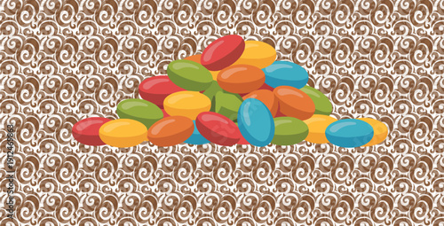 A pile of colorful, oval-shaped candies or sweets. These candies come in a variety of colors, including red, green, orange, yellow, and blue.